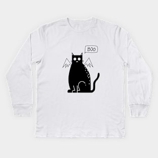 Cute Black Cat - Halloween Costume spooky kitty Bat wings Black White Kids Long Sleeve T-Shirt